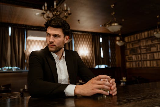 A man in a black suit sits in a dimly lit bar, reflecting a cinematic atmosphere.
