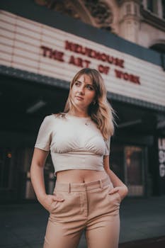 Portrait of a stylish woman standing confidently outside a historic theater.
