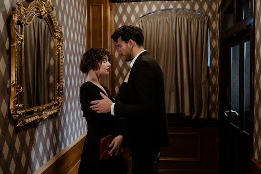 Man and woman in elegant attire share an intimate moment in a luxurious indoor setting.