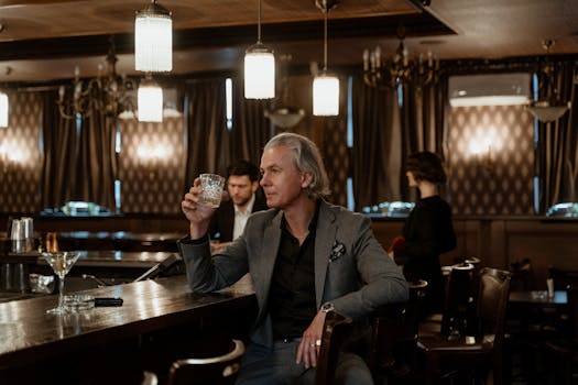 A sophisticated man in a suit savoring a drink at an upscale bar with ambient lighting.