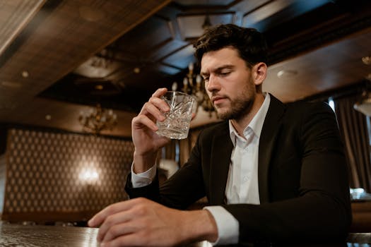 Thoughtful man in black suit holding a drink in a stylish bar during the evening.