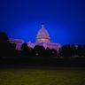 The United States Capitol building illuminated against a dark twilight sky.