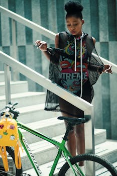 一位穿着时尚的年轻女子骑着自行车走在现代楼梯上