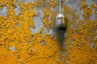 斯里兰卡马塔莱墙壁的详细视图，展示了苔藓和金属灯的纹理