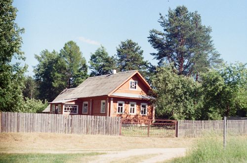 Free A wooden house surrounded by lush greenery, capturing rustic countryside charm. Stock Photo