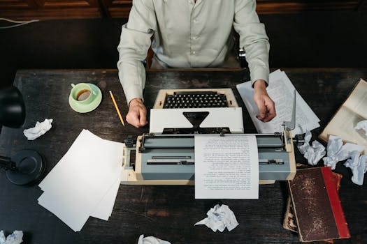 An overhead view of a workspace with a vintage typewriter, scattered papers, and a person writing.