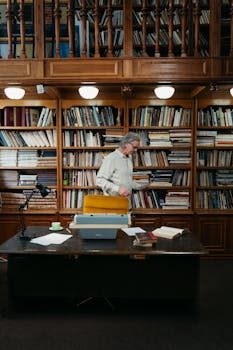 Senior man standing by bookshelves in a classic library, rich with literature and vintage decor.