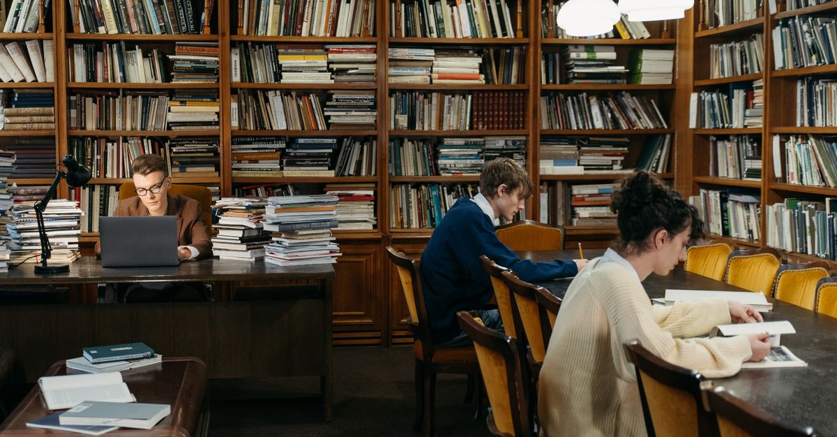 People reading and studying in a cozy library with classic bookshelves and warm lighting.