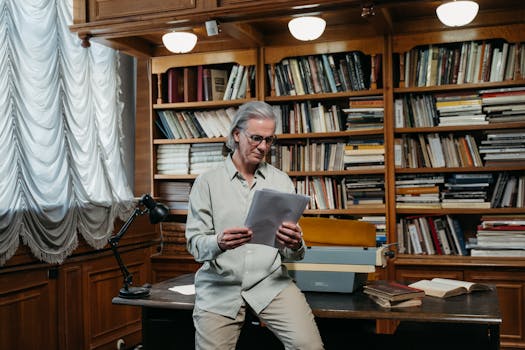 Senior man reading documents in a warm, wooden library with bookshelves.