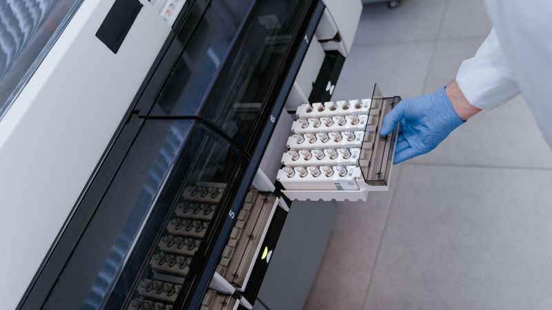 Scientist using advanced lab equipment for research in a modern laboratory setting.