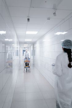Medical personnel in protective clothing working in a sterile laboratory hallway.
