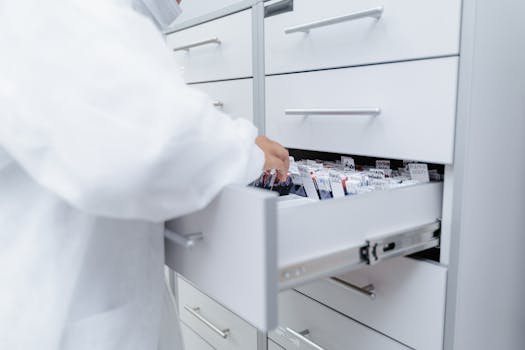 Person in Lab Coat looking through Files 