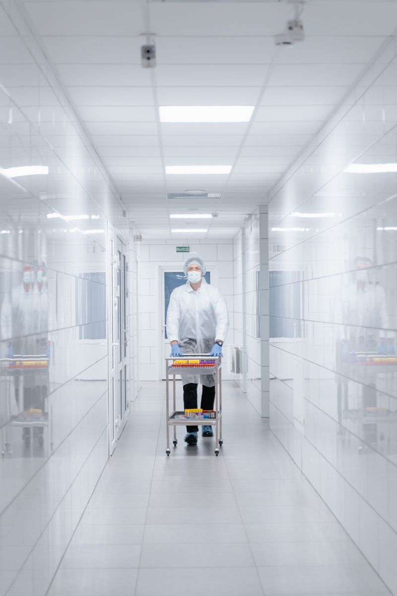 Scientist in protective clothing walking with cart in a sterile laboratory corridor.