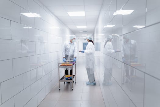Healthcare professionals in protective suits conversing in a hospital corridor.