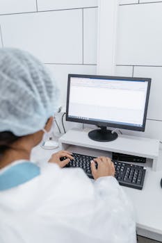 A medical professional working on a computer in a laboratory setting, focusing on data analysis.