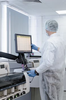 Scientist working in a lab adjusting equipment for research purposes, ensuring safety protocols.