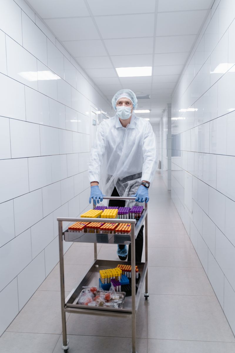 Lab technician pushing a cart in a sterile hallway