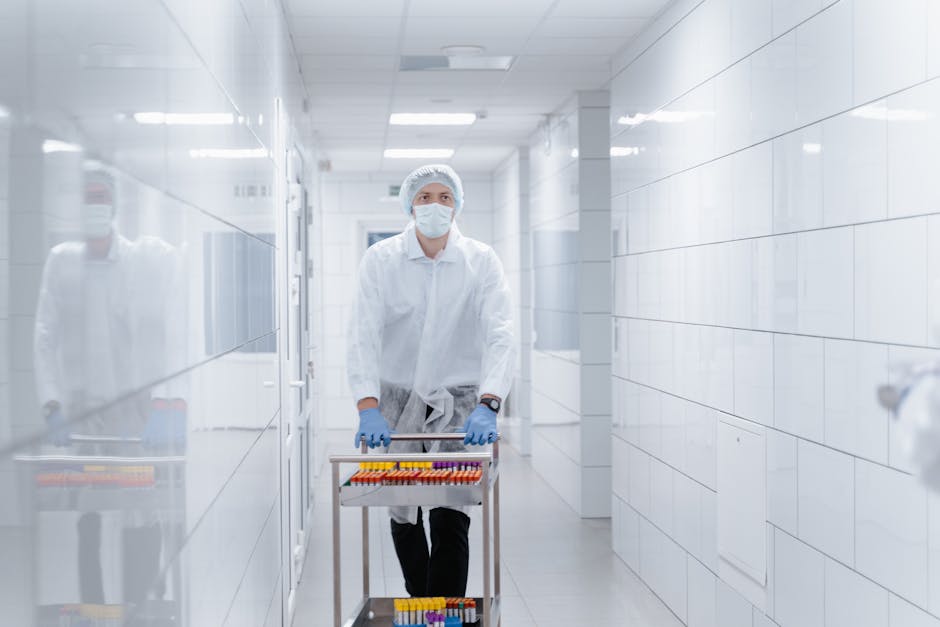 Lab technician in protective gear transporting samples in a sterile laboratory hallway.