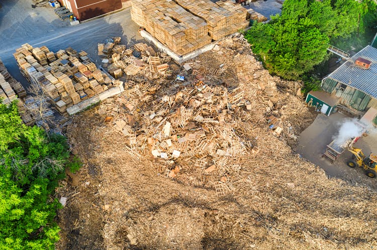 Drone Shot Of Stacked Wood Pallets