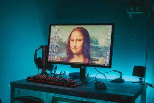 Mona Lisa on a computer desktop in a tech-inspired gaming setup with vibrant LED lighting.