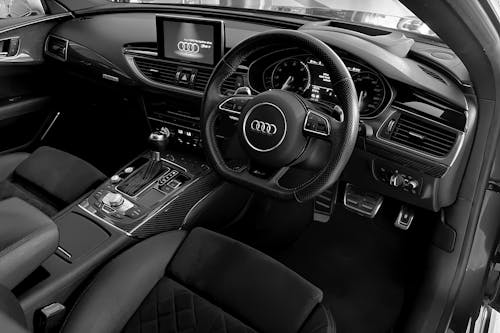 Black and White Photo of Car Interior