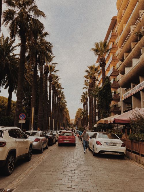 Free Charming palm avenue in Konak, İzmir with parked cars and vibrant street life. Stock Photo
