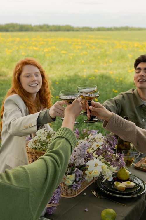 Free Group of diverse adults enjoying an outdoor picnic celebration in a blooming meadow. Stock Photo
