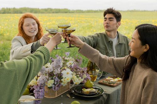 Free Friends enjoying a cheerful outdoor picnic, raising glasses in a meadow setting with flowers and food. Stock Photo