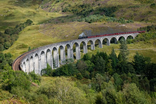 Stunning view of a steam train crossing Glenfinnan Viaduct in Scotland's countryside.