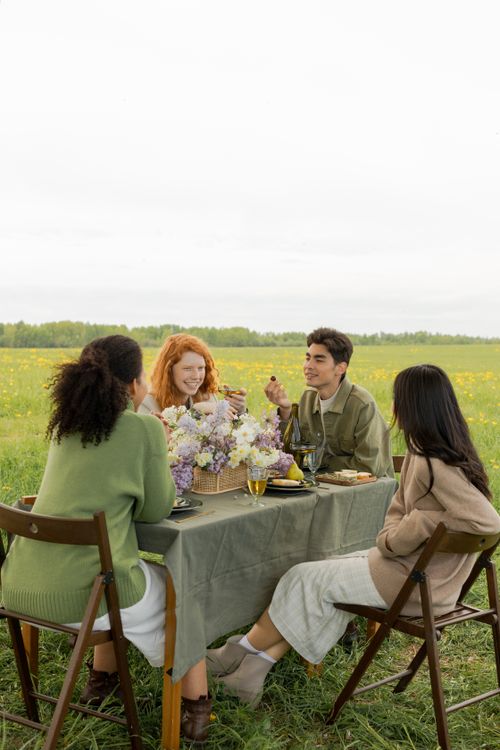 Free Four friends enjoying a picnic in a lush green field with a table full of flowers and food. Stock Photo