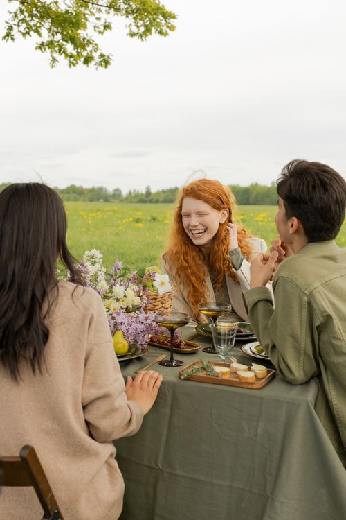 Free A joyful group of young adults laughing at a spring picnic in a blooming meadow. Stock Photo