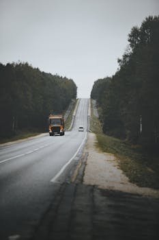 A scenic view of a truck and car on a long, empty highway lined by trees.