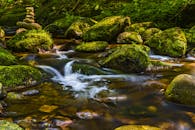 宁静的森林溪流、苔藓覆盖的岩石和平衡的石头共同象征着大自然的和谐