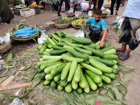 A vendor sits with a pile of fresh green gourds at a bustling market in Dhaka, Bangladesh.