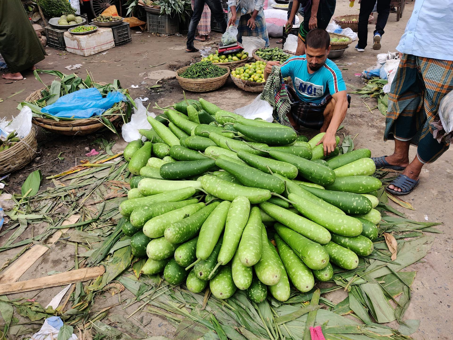 A vendor sits with a pile of fresh green gourds at a bustling market in Dhaka, Bangladesh.