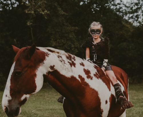 Free A child with face paint sits on a paint horse in a forested area, dressed in costume. Stock Photo