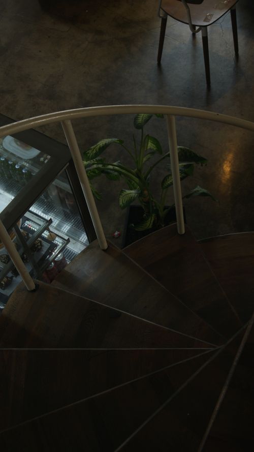 Free High angle view of a spiral staircase and potted plant inside a Turkish café. Stock Photo