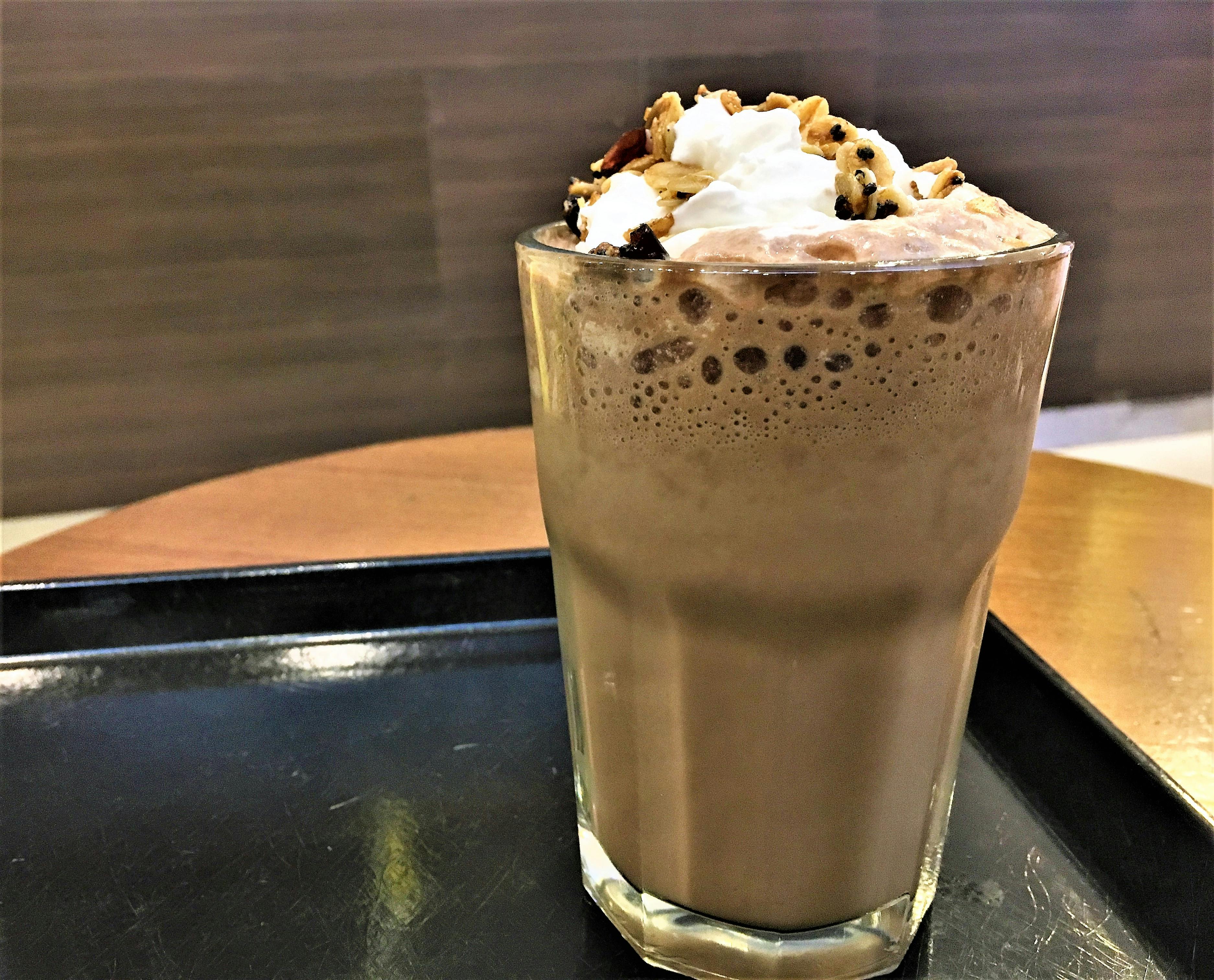 Free stock photo of Cold Chocolate milk shake with whipped cream nuts