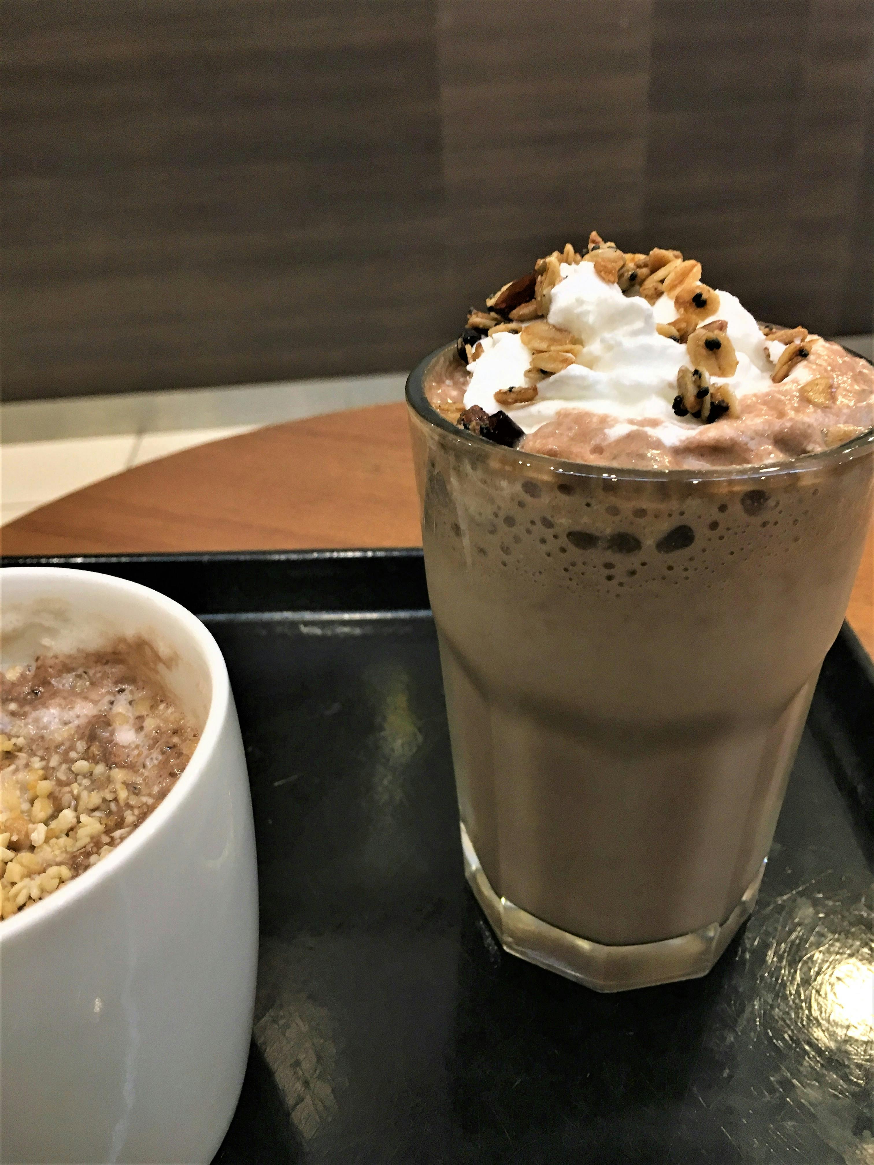 Free stock photo of Hot coffee with nuts and cold chocolate shake