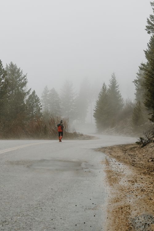 Free A lone jogger runs along a misty road surrounded by fog and trees, capturing a serene and mysterious atmosphere. Stock Photo