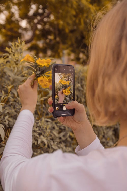 Woman Taking Photo of Yellow Flowers with a Cellphone