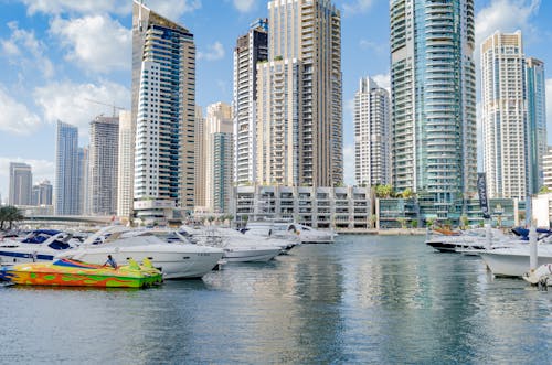 View of Boats in the Marina and Skyscrapers in Dubai, United Arab Emirates