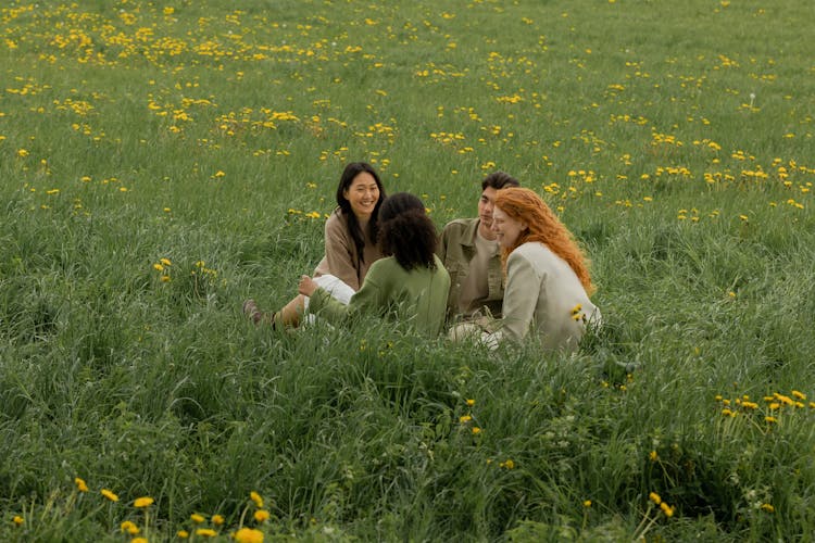 Friends Hanging Out In A Flower Field