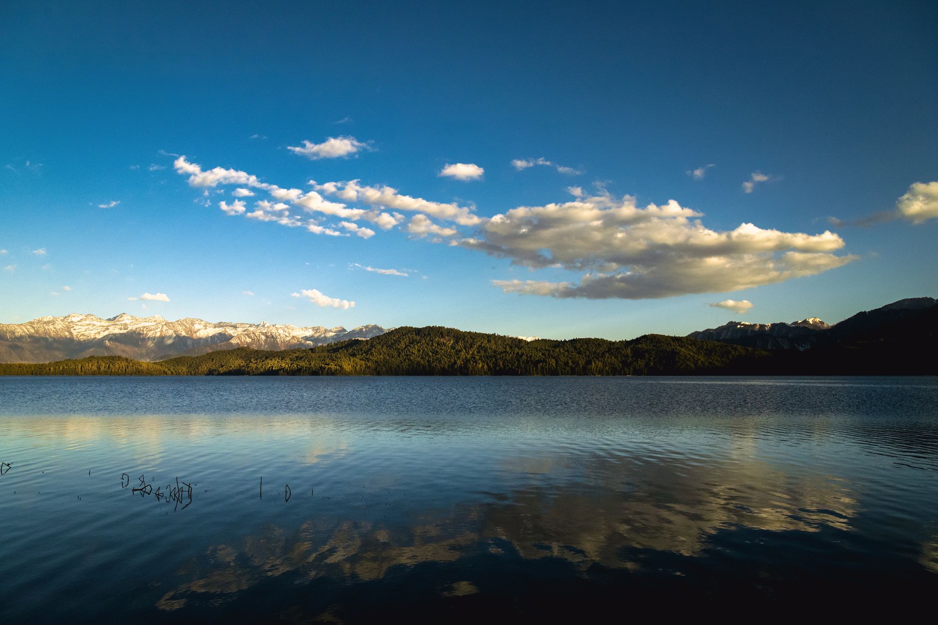 Serene view of Rara Lake with clear blue skies and reflections, surrounded by mountains in Nepal.