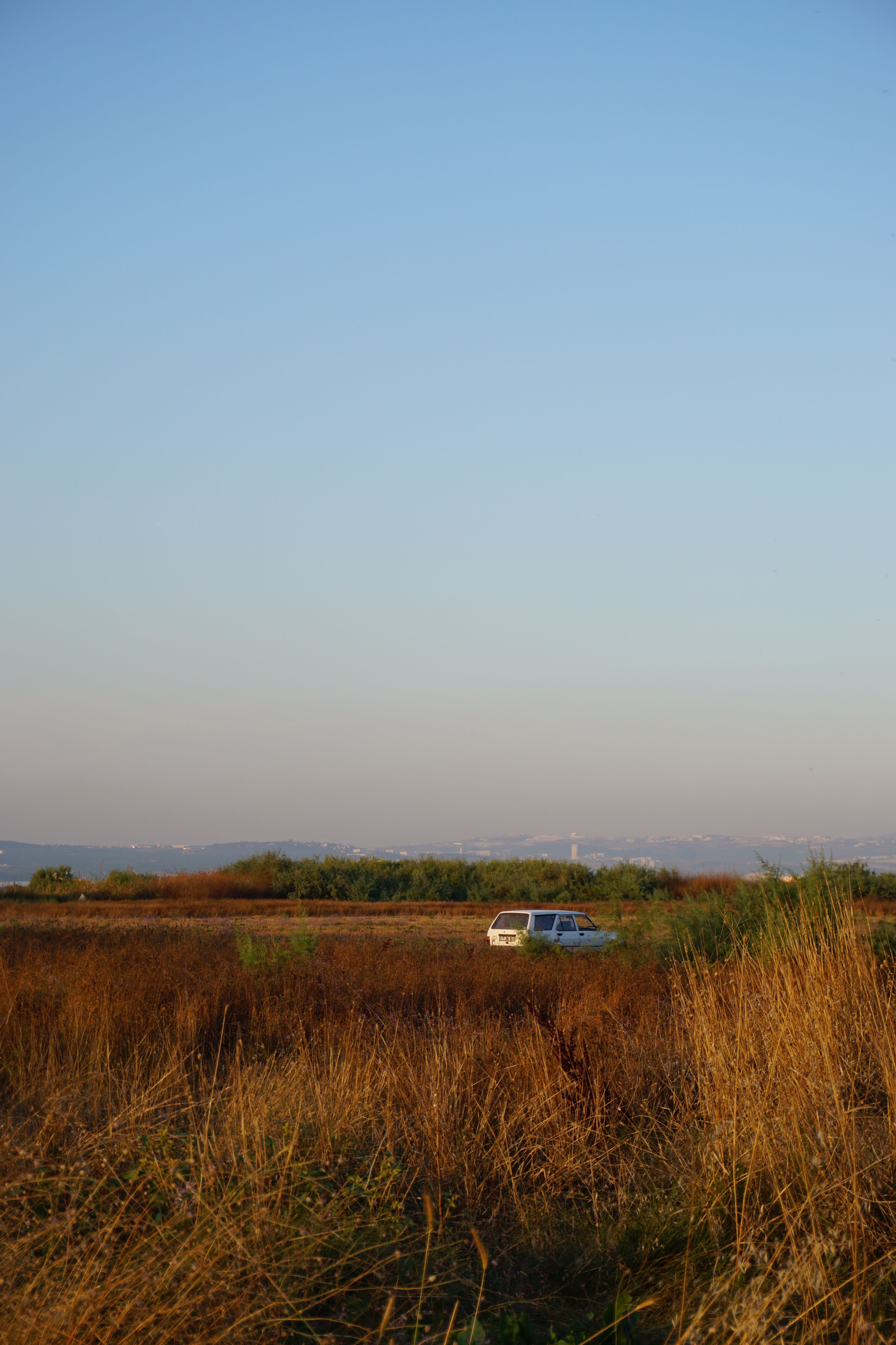 A tranquil landscape featuring a lone car on an open field during sunset, showcasing natural beauty.