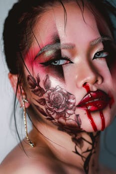 Close-up of a woman with artistic Halloween makeup featuring floral designs and dramatic lipstick.