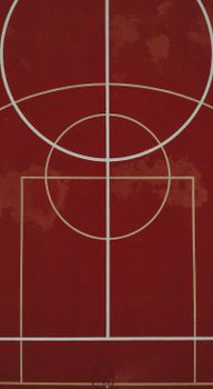 Aerial view of a red basketball court with white geometric lines in Krasnogorsk, Russia.
