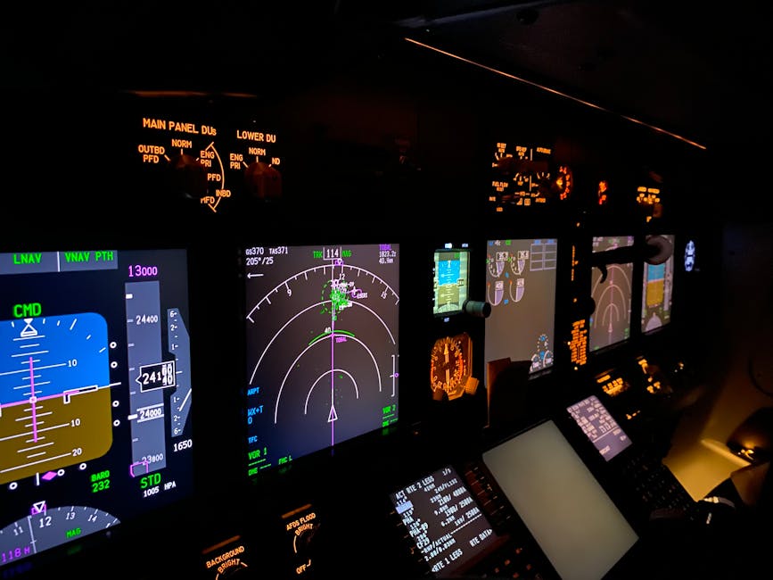 A focused view of an aircraft cockpit control panel with various illuminated screens.