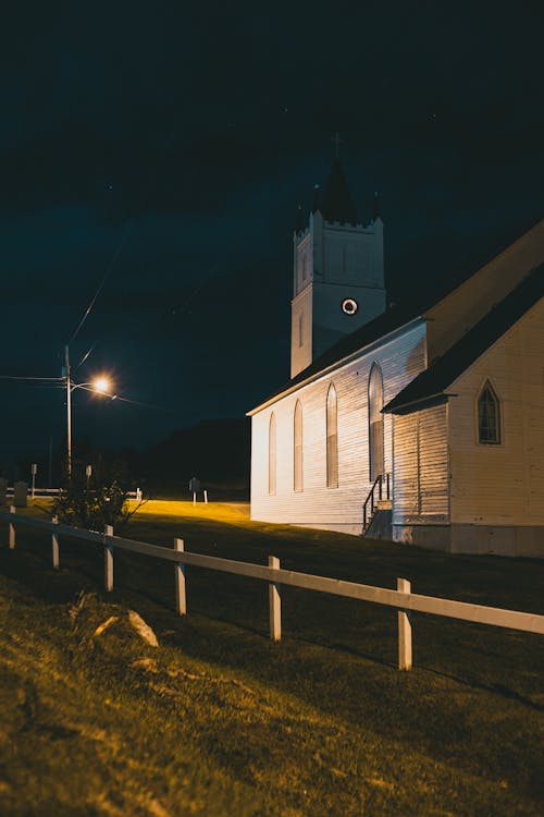 Free White and Gray Church Building during Night Time Stock Photo