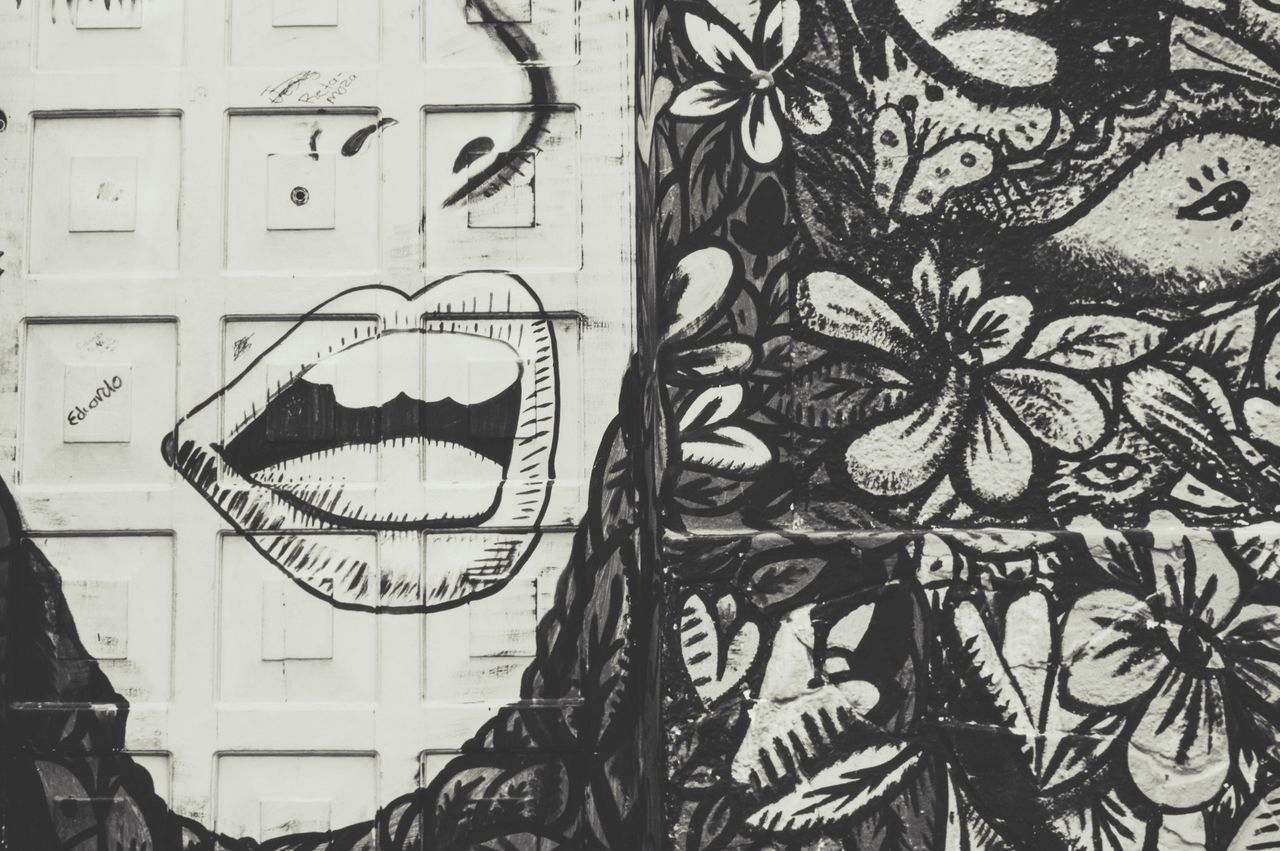 black and white street art featuring a face and floral patterns on a t
